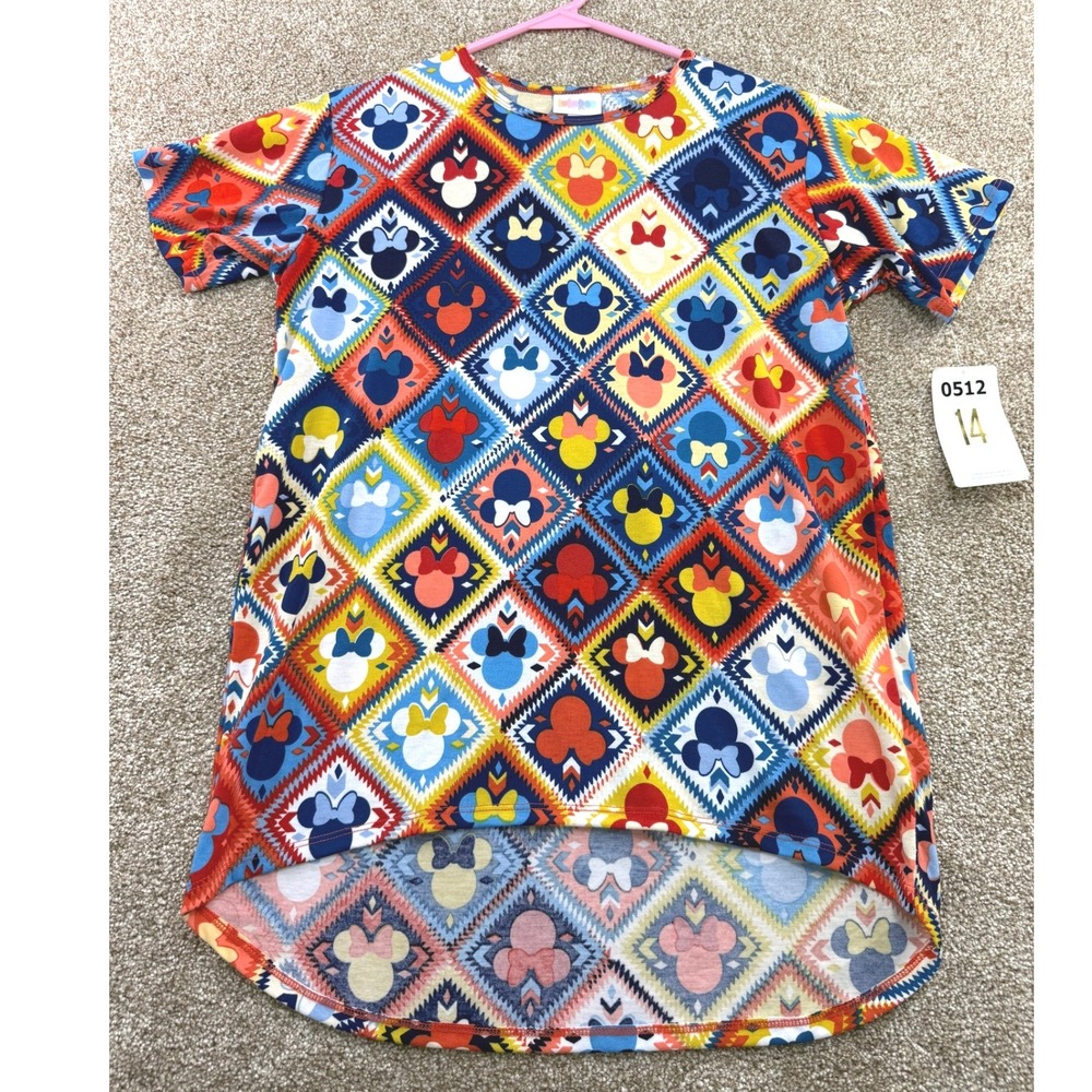 LuLaRoe Disney Gracie Top Girls 14 Mickey Minnie Geometric High Low Modest